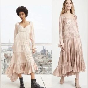 NWT CINQ À SEPT Nina Satin Tiered Long Sleeve Maxi Dress, Size 4